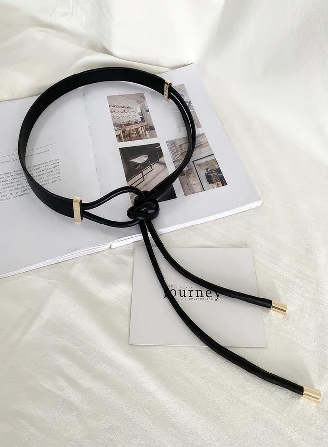 CALFOVERA PU Leather Skinnny Belt Black Knotted Thin Waist Belt Boho Elegant Adjustable Slim Leather Waist Band Strap Rope Waistbands with Gold Alloy Ends for Women Ladies Dresses Jeans Pants - Image 3